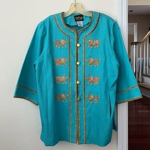 Vintage Bob Mackie Wearable Art Blue & Gold Elephant Button Up Tunic/Jacket Top